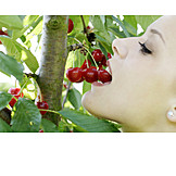   Woman, Indulgence & consumption, Eating, Cherries, Harvest
