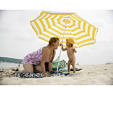   Toddler, Mother, Parasol, Beach