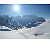   Sun, Winter landscape, European alps, Trail
