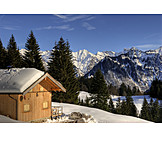   Winter landscape, Wooden cabin