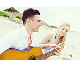   Love Couple, Beach Holiday, Playing Guitar