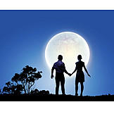   Love Couple, Full Moon, Hand In Hand