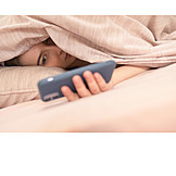   Young Woman, Bed, Mobile, Insomnia