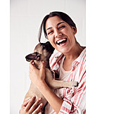   Woman, Laughing, Dog, Cuddle