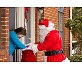   überraschung, Weihnachtsmann, Haustür, Weihnachtsgeschenk