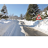   Winter, Schnee, Warnschild, Landstraße