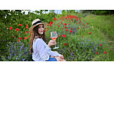   Woman, Summer, Wine, Flower Meadow