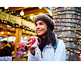   Woman, Smiling, Christmas Market, Mulled Wine