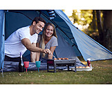   Couple, Broiling, Sausages, Camping