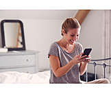   Young Woman, Joy, Bedroom, Smart Phone