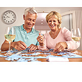   Leisure, Wine, Game, Jigsaw Puzzle, Older Couple