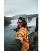   Wasserfall, Hand Halten, Island, Touristin