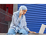   Laptop, On The Phone, Internet, Urban, Muslim