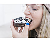   Young Woman, Eating, Donut, Biting