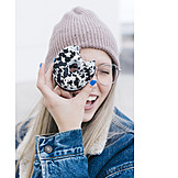   Young Woman, Fun, Perspective, Donut