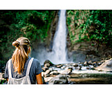   Young Woman, Waterfall, Nature