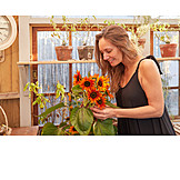   Young Woman, Sunflower, Gardening, Greenhouse