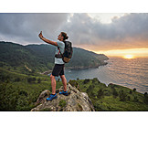   Sunset, Sea, Rock, Hiker, Selfie