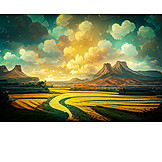   Landschaft, Berge, Felder, Digitales Malen