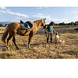   Pasture, Dog, Rural Scene, Horsewoman, Horses