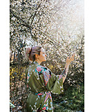   Young Woman, Romantic, Japanese Culture, Tree Blossom, Morning, Kimono