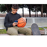   Young Man, Waiting, Bench, Basketball, Smart Phone