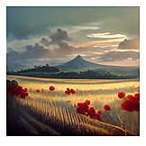   Dusk, Mountain, Field, Countryside Painting