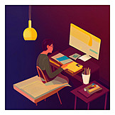   Computer, Illustration, Desk, Working
