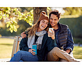   Couple, Happy, Park, Autumn, Reading, Smart Phone, Hot Drink