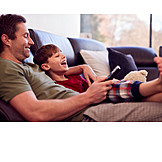   Father, Laughing, Leisure, Watching Tv, Son