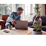   Man, Home, Laptop, Online, Living Room, Bulldog