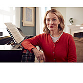   Woman, Smiling, Happy, Home, Hobbies, Piano