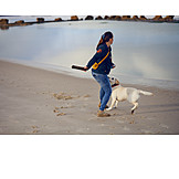   Woman, Beach, Dog, Playing