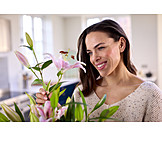  Woman, Smiling, Flowers, Bouquet, Lily