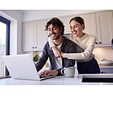   Couple, Smiling, Home, Kitchen, Internet