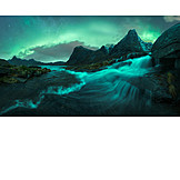  Wasserfall, Surreal, Lofoten, Aurora Borealis