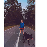   Young Woman, On The Move, Dog, Road