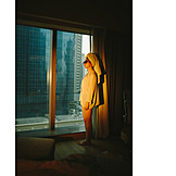   Junge Frau, Hotel, Fenster, Doha, Frischgeduscht