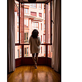   Woman, Standing, Window, Morning, Back View