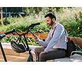   Businessman, Bicycle, Sitting, Break, Reading, Smart Phone