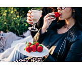   Couple, Wine, Strawberry, Picnic