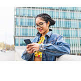   Young Woman, Smiling, Reading, Urban, Style, Smart Phone