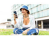   Young Woman, Meadow, Urban, Cross-legged, Smart Phone