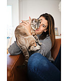  Woman, Home, Cat, Cuddle