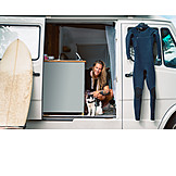   Woman, Smiling, Summer, Wetsuit, Cat, Surfboard, Camper