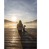   Woman, Sunrise, Lake, Dog